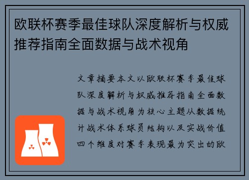 欧联杯赛季最佳球队深度解析与权威推荐指南全面数据与战术视角